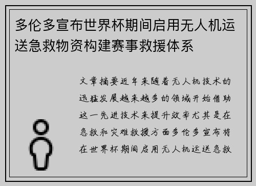多伦多宣布世界杯期间启用无人机运送急救物资构建赛事救援体系