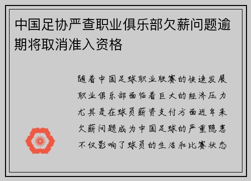 中国足协严查职业俱乐部欠薪问题逾期将取消准入资格 中国足协严查职业俱乐部欠薪问题逾期将取消准入资格